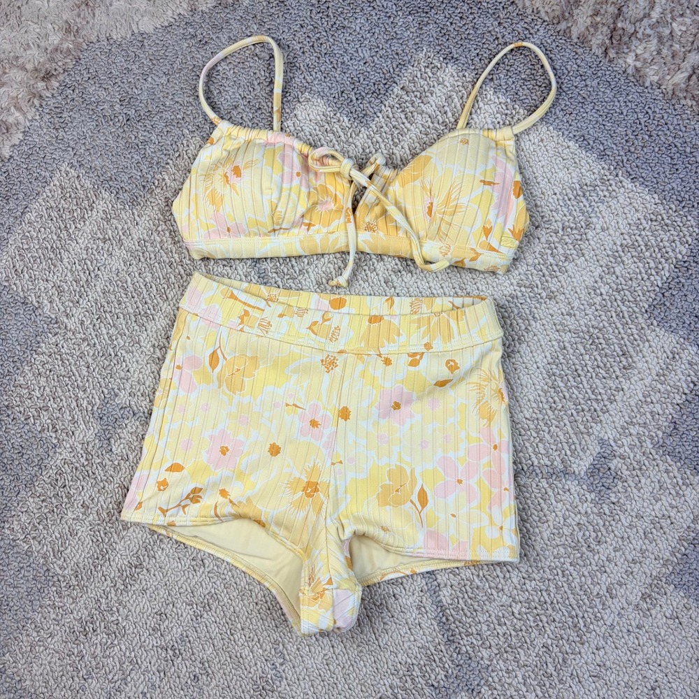 Billabong Make You Mine Bikini Set Yellow Floral Boyshorts Two Piece